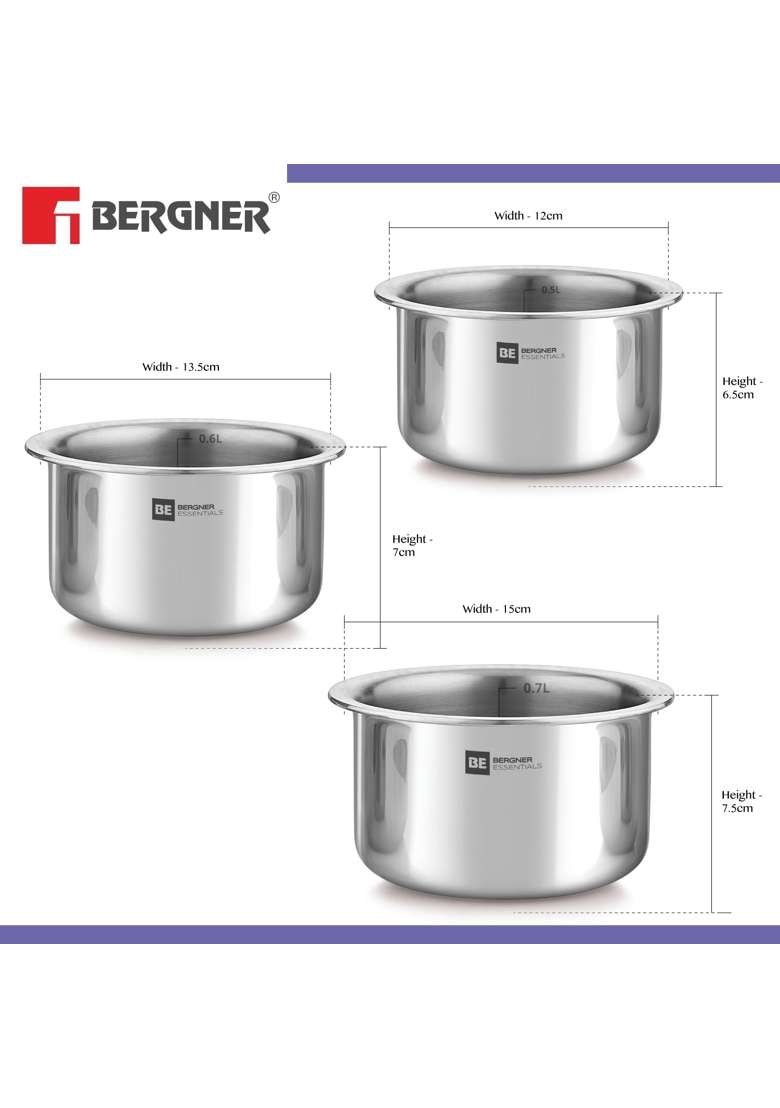 BERGNER BE Essentials Tri-Ply Stainless Steel Junior Tope Cooking Pot Pcs Set | 0.5 L | 0.5 Qt | 10 cm | 3.9 Inch | 3-Piece Set - Indya