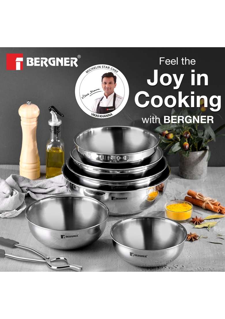 BERGNER Argent Triply Tasra Deep Pan Set | 1 L | 1.1 Qt | 16 cm | 6.3 Inch | Pack of 6 | Induction Compatible - Indya