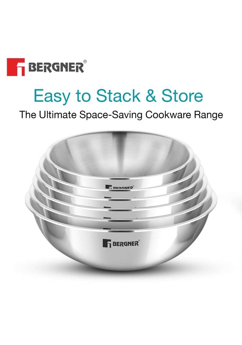 BERGNER Argent Triply Tasra Deep Pan Set | 1 L | 1.1 Qt | 16 cm | 6.3 Inch | Pack of 6 | Induction Compatible - Indya