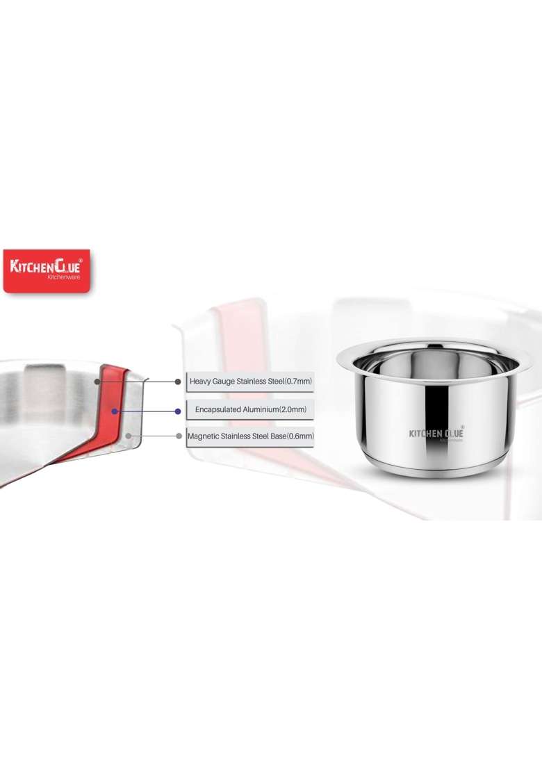 KITCHEN CLUE Stainless Steel Tope Set I Heavy Guage Triply Base Milk Pot Pan with Flat | 1.6 L | 1.7 Qt | Induction Compatible - Indya