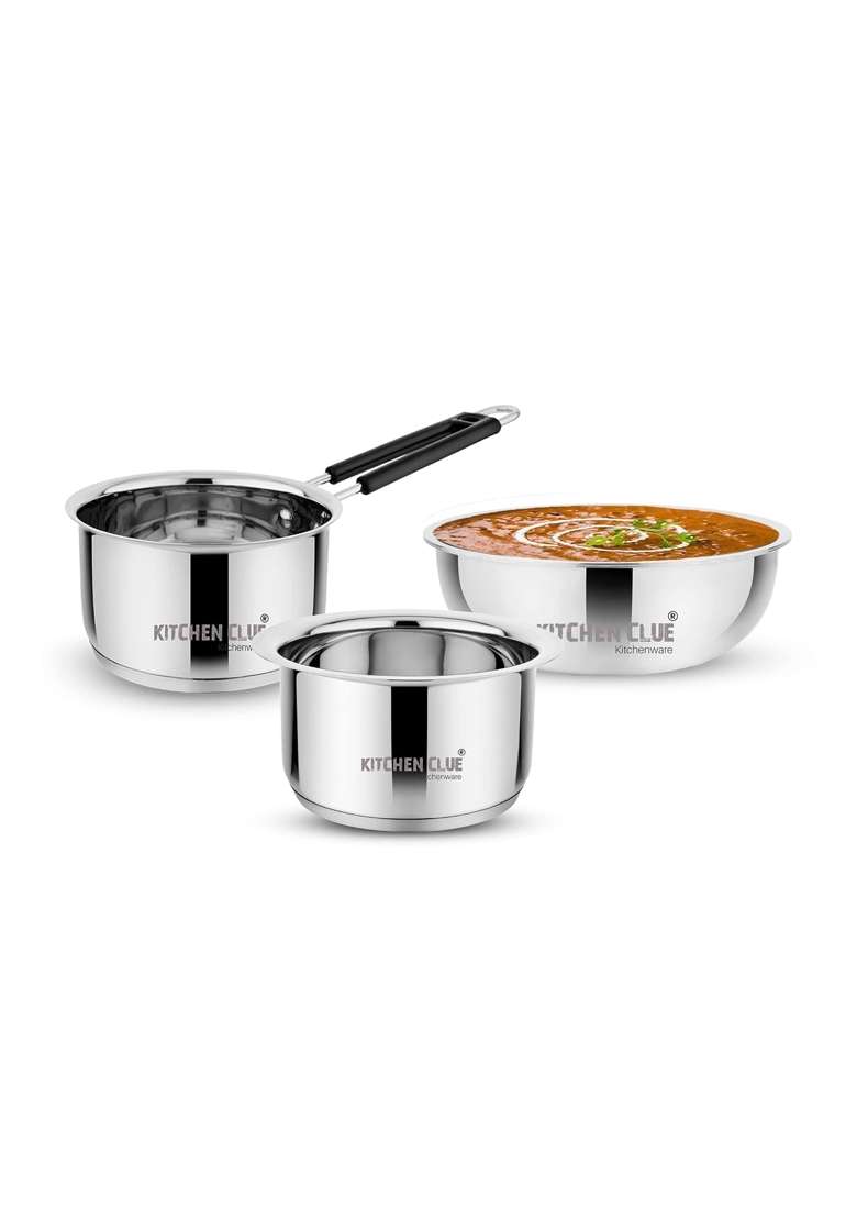 KITCHEN CLUE Stainless Steel Tri-Ply Cooking Set for Kitchen | 2000 ml | 67.6 fl oz | Induction Compatible - Indya