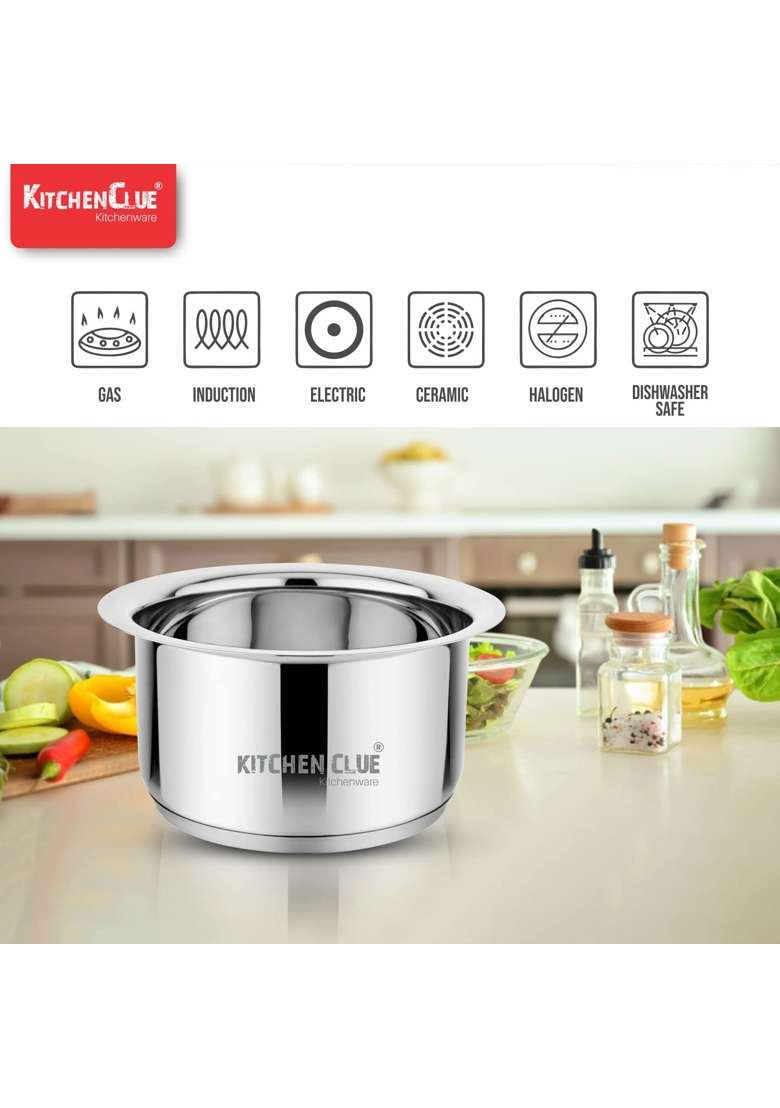 KITCHEN CLUE Stainless Steel Tri-Ply Cooking Set for Kitchen | 2000 ml | 67.6 fl oz | Induction Compatible - Indya