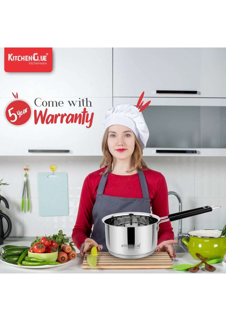 KITCHEN CLUE Stainless Steel Sauce Pan Tea Pot Pan Pcs | 2000 ml | 67.6 fl oz | 2-Piece Set | Induction Compatible | Heavy Bottom | Tri-Ply - Indya