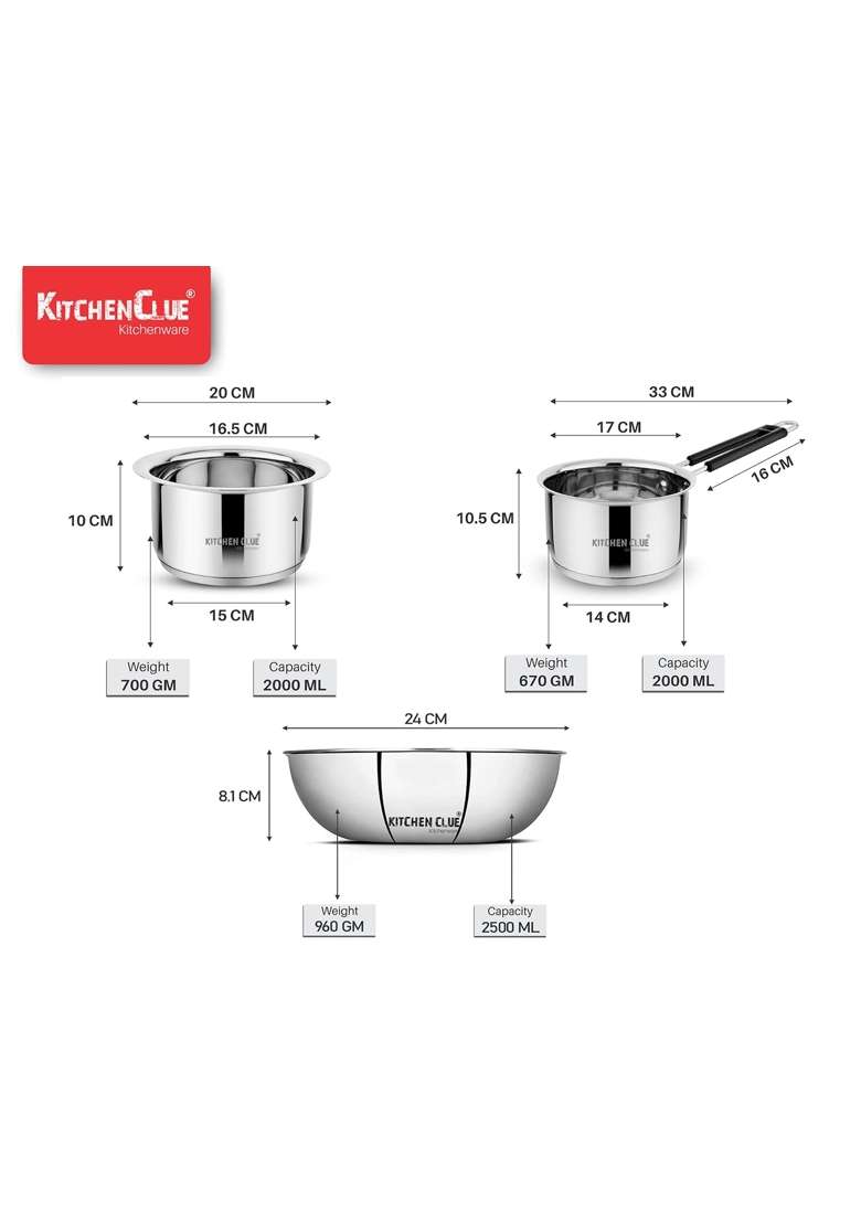 KITCHEN CLUE Tri-ply Stainless Steel Cookware Set | 2000 ml | 67.6 fl oz | Induction Compatible - Indya