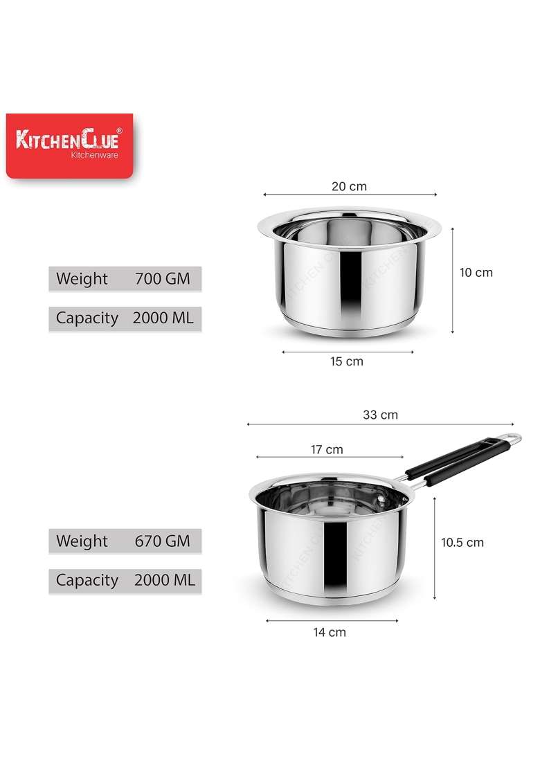 KITCHEN CLUE Stainless Steel Cokkware Set Without Lids | 2000 ml | 67.6 fl oz | Induction Compatible | Tri-Ply - Indya
