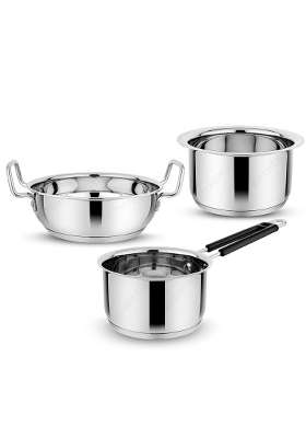 KITCHEN CLUE Stainless Steel Cookware Pcs | 2000 ml | 67.6 fl oz | 3-Piece Set | Induction Compatible | Heavy Bottom | Tri-Ply