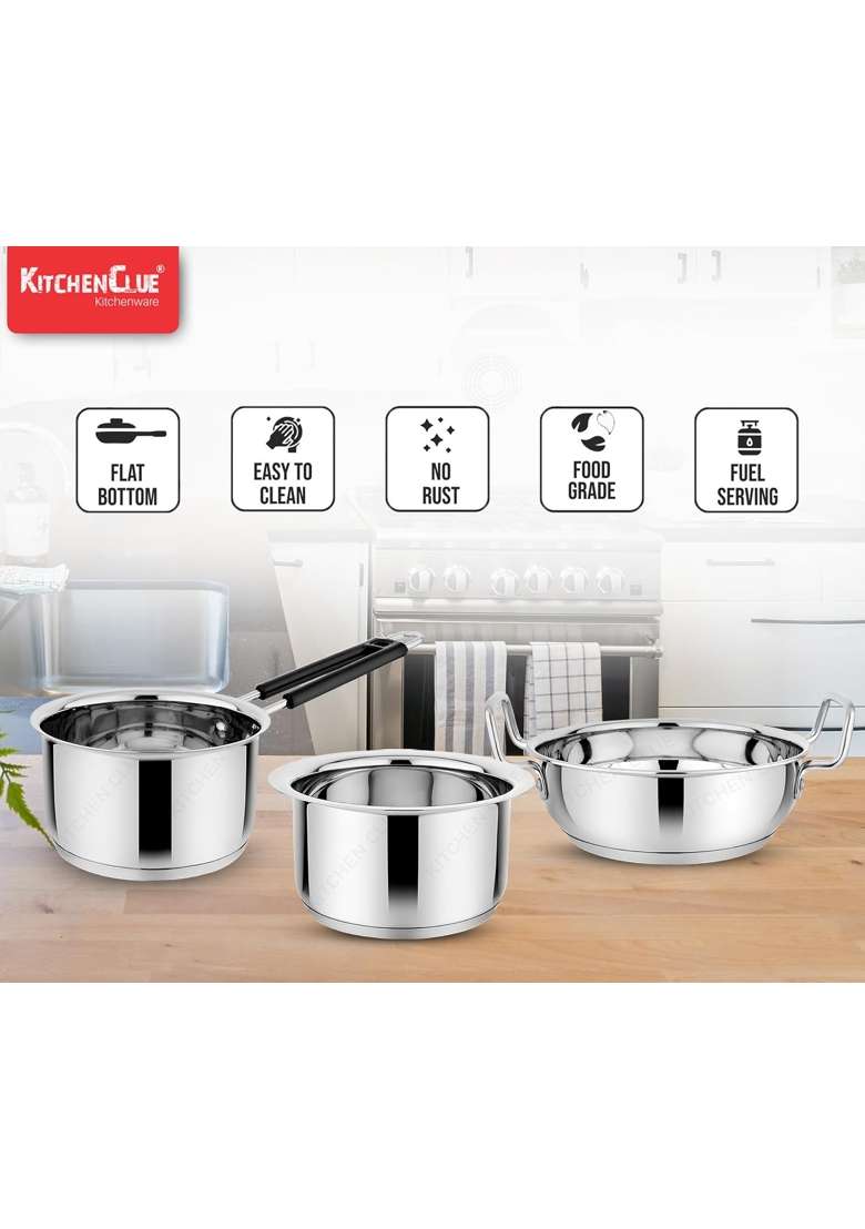 KITCHEN CLUE Stainless Steel Cookware Pcs | 1600 ml | 54.1 fl oz | 3-Piece Set | Induction Compatible | Heavy Bottom | Tri-Ply - Indya