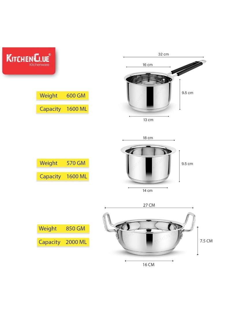 KITCHEN CLUE Stainless Steel Cookware Pcs | 1600 ml | 54.1 fl oz | 3-Piece Set | Induction Compatible | Heavy Bottom | Tri-Ply - Indya