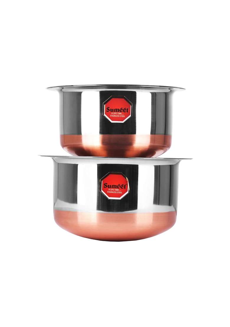 Sumeet Stainless Steel Copper Bottom Cookware Container Tope Cooking Pot Pcs with Lids | 1 L | 1.1 Qt | 2-Piece Set | With Lid - Indya