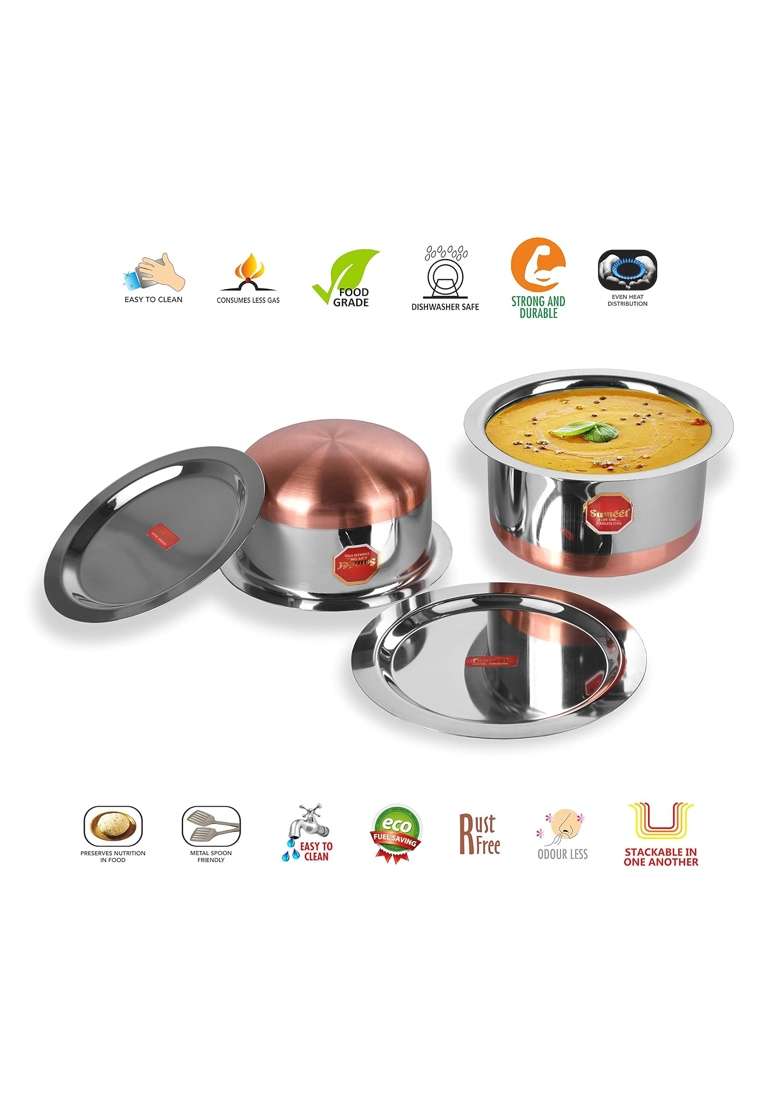 Sumeet Stainless Steel Copper Bottom Cookware Container Tope Cooking Pot Pcs with Lids | 1 L | 1.1 Qt | 2-Piece Set | With Lid - Indya