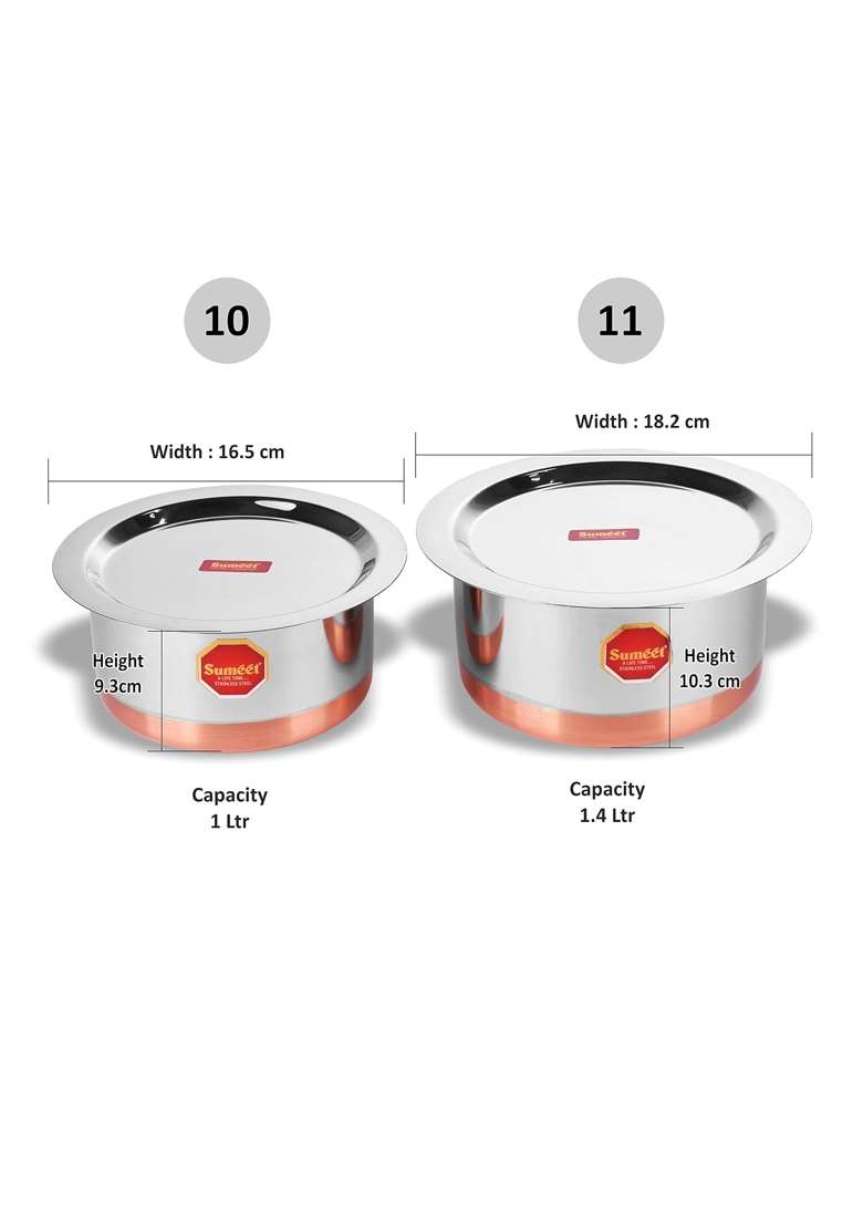 Sumeet Stainless Steel Copper Bottom Cookware Container Tope Cooking Pot Pcs with Lids | 1 L | 1.1 Qt | 2-Piece Set | With Lid - Indya