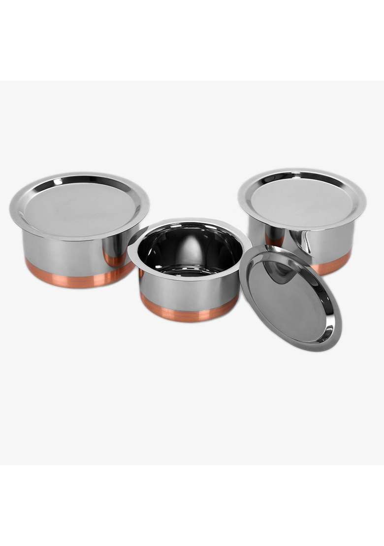 Sumeet Stainless Steel Copper Bottom Cookware Container Tope Cooking Pot Pcs with Lids | 1 L | 1.1 Qt | 3-Piece Set | With Lid - Indya