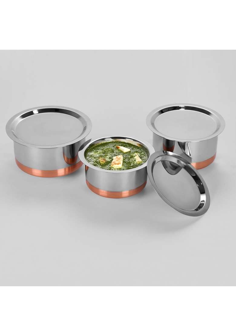 Sumeet Stainless Steel Copper Bottom Cookware Container Tope Cooking Pot Pcs with Lids | 1 L | 1.1 Qt | 3-Piece Set | With Lid - Indya