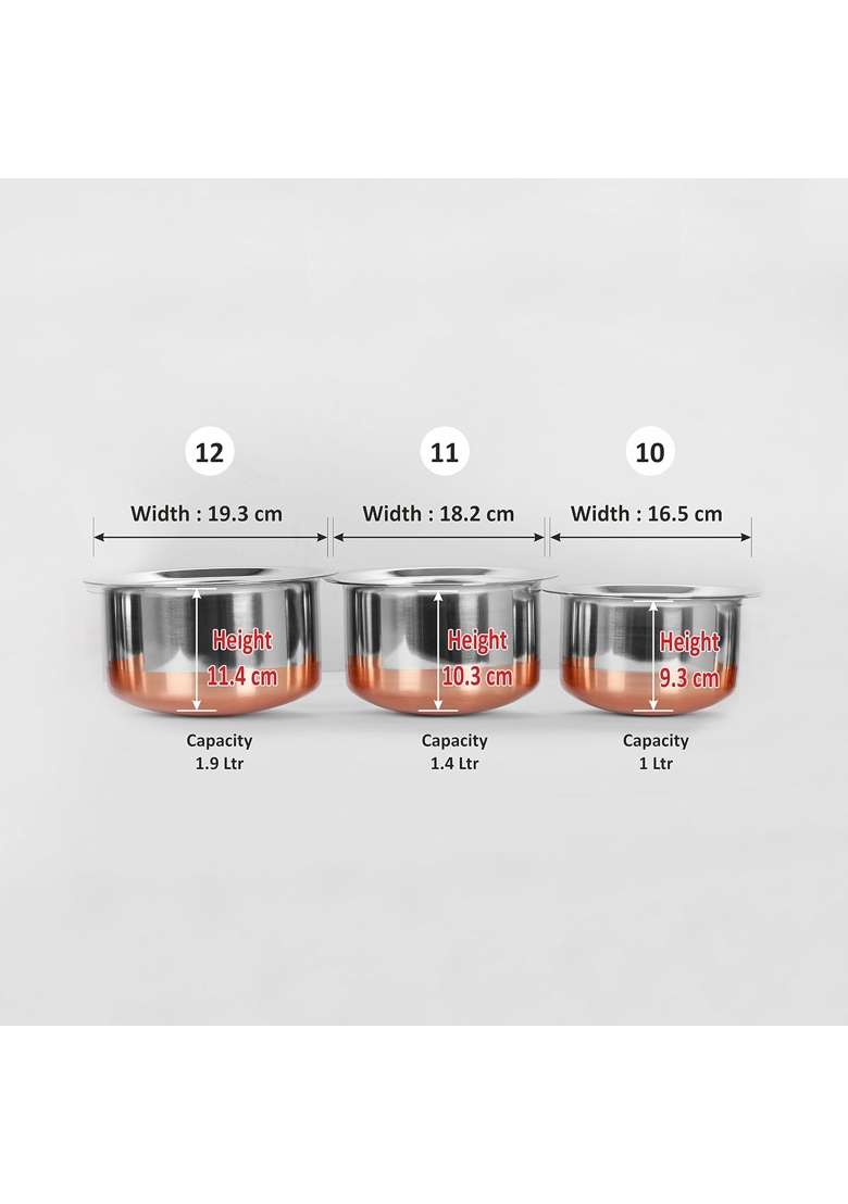 Sumeet Stainless Steel Copper Bottom Cookware Container Tope Cooking Pot Pcs with Lids | 1 L | 1.1 Qt | 3-Piece Set | With Lid - Indya