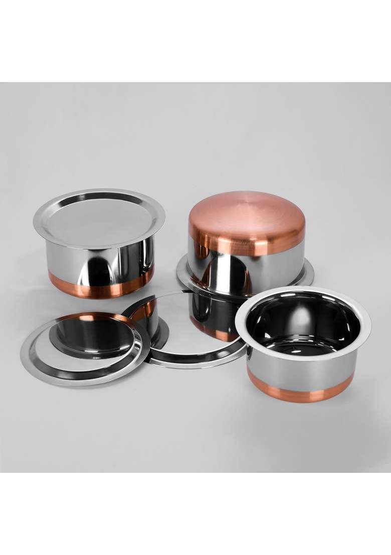 Sumeet Stainless Steel Copper Bottom Cookware Container Tope Cooking Pot Pcs with Lids | 1 L | 1.1 Qt | 3-Piece Set | With Lid - Indya