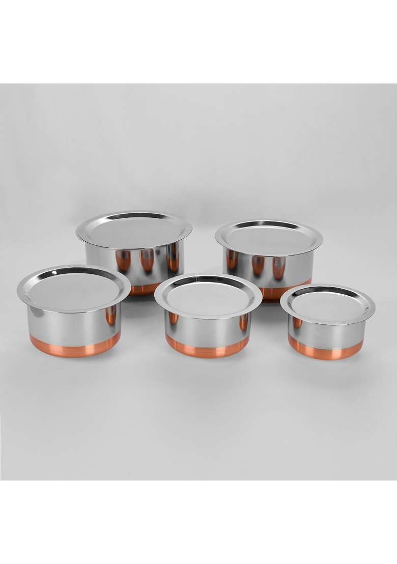 Sumeet Stainless Steel Copper Bottom Cookware Container Tope Cooking Pot Pcs with Lids | 1 L | 1.1 Qt | 5-Piece Set | With Lid - Indya