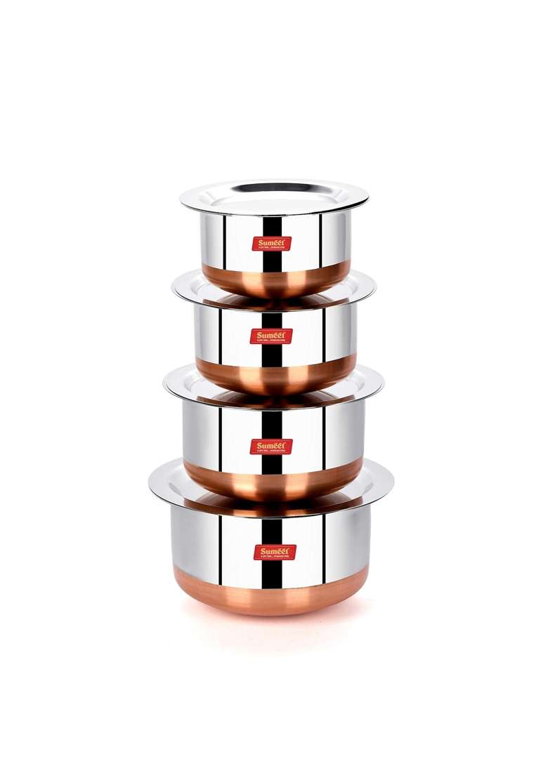 Sumeet Stainless Steel Copper Bottom Tope Cooking Pot Set with Lid | 1 L | 1.1 Qt | Pack of 4 - Indya