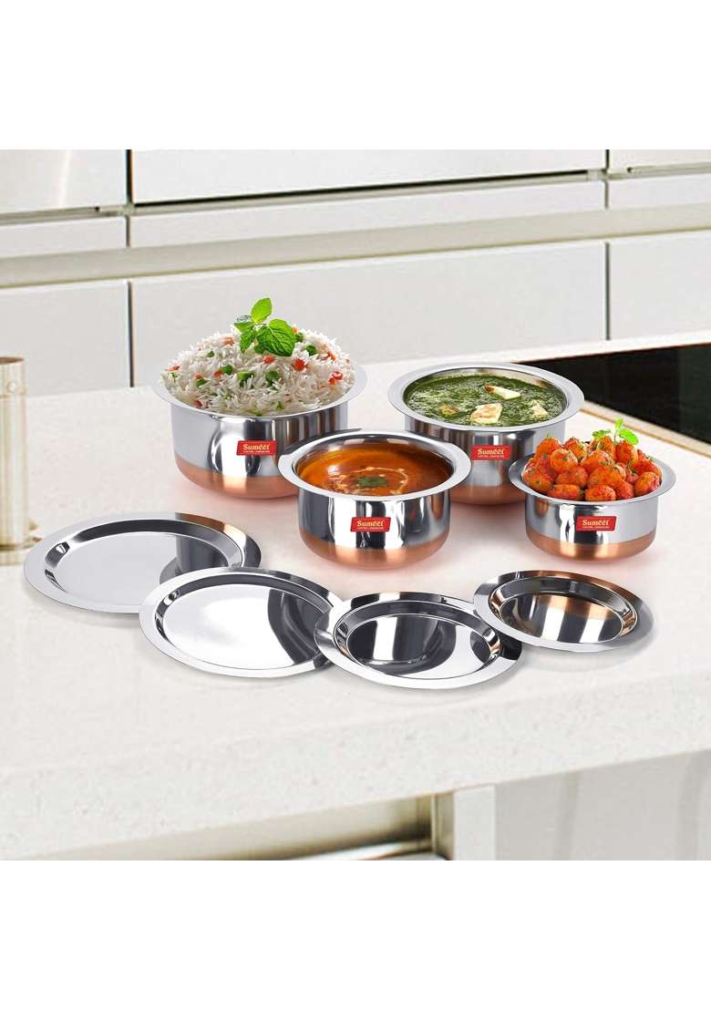 Sumeet Stainless Steel Copper Bottom Tope Cooking Pot Set with Lid | 1 L | 1.1 Qt | Pack of 4 - Indya