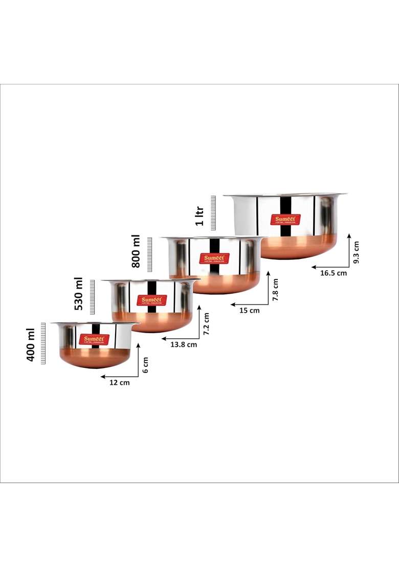 Sumeet Stainless Steel Copper Bottom Tope Cooking Pot Set with Lid | 1 L | 1.1 Qt | Pack of 4 - Indya