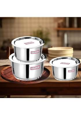FLIXBLOOM Stainless Steel Big Combo Kitchen Utensil Tope Cooking Pot Container Bhagona | 2 L | 2.1 Qt | 6-Piece Set | Induction Compatible