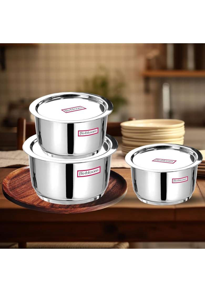 FLIXBLOOM Stainless Steel Big Combo Kitchen Utensil Tope Cooking Pot Container Bhagona | 2 L | 2.1 Qt | 6-Piece Set | Induction Compatible - Indya