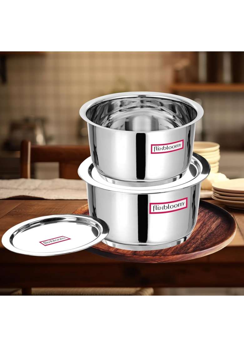 FLIXBLOOM Stainless Steel Combo | 3 L | 3.2 Qt | 4-Piece Set | Induction Compatible | Tri-Ply | With Lid - Indya