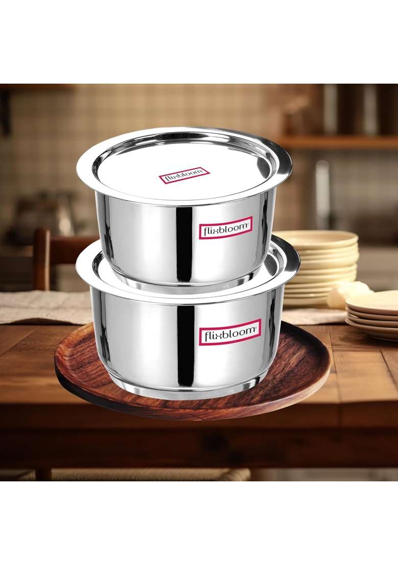 FLIXBLOOM Stainless Steel Big Kitchen Utensil Tope Cooking Pot Container Bhagona | 4 L | 4.2 Qt | 4-Piece Set | Induction Compatible | Tri-Ply - Indya