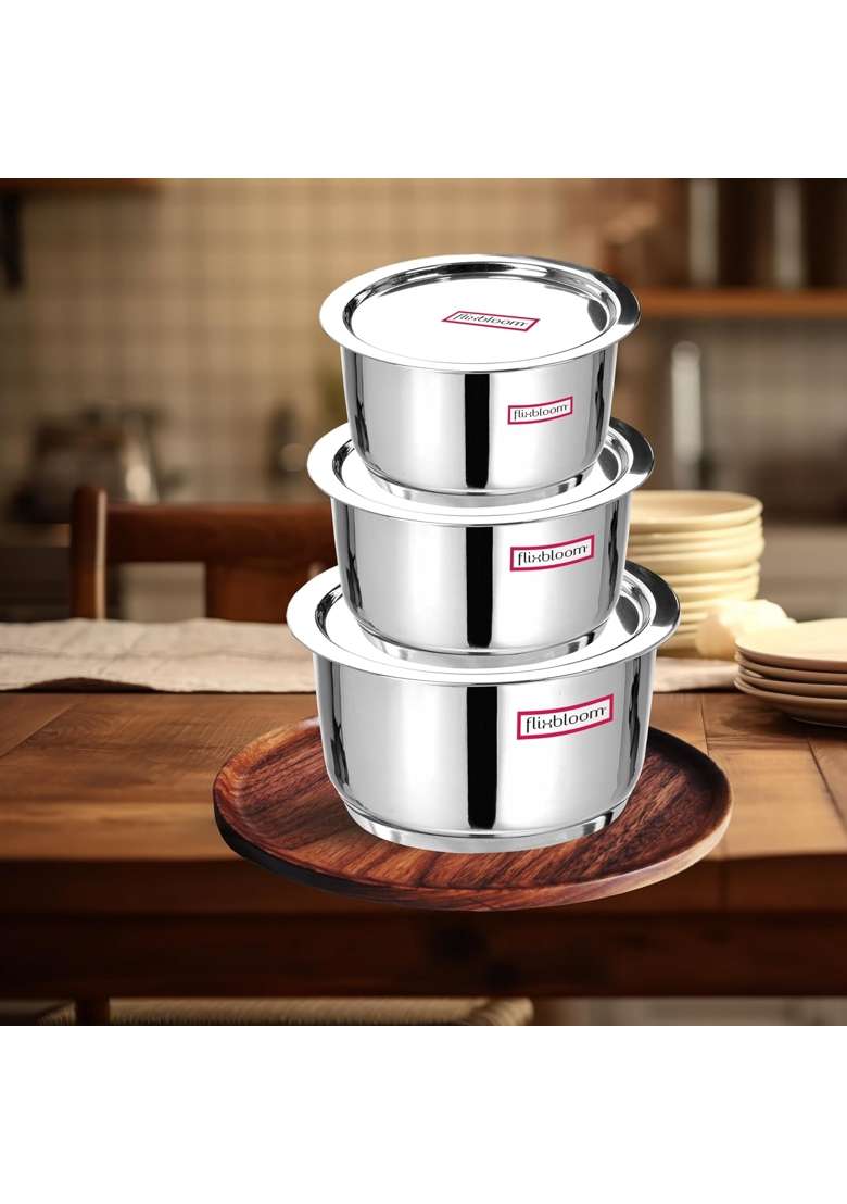 FLIXBLOOM Stainless Steel Kitchen Combo Utensil Tope Cooking Pot Container Bhagona | 1 L | 1.1 Qt | 6-Piece Set | Induction Compatible | Tri-Ply - Indya