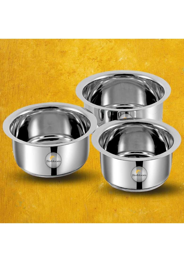 FLIXBLOOM Stainless Steel Kitchen Combo Utensil Tope Cooking Pot Container Bhagona | 1 L | 1.1 Qt | 6-Piece Set | Induction Compatible | Tri-Ply - Indya