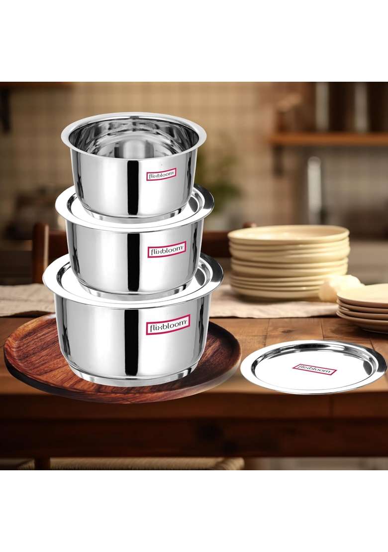 FLIXBLOOM Stainless Steel Combo | 3 L | 3.2 Qt | 6-Piece Set | Induction Compatible | Tri-Ply | With Lid - Indya