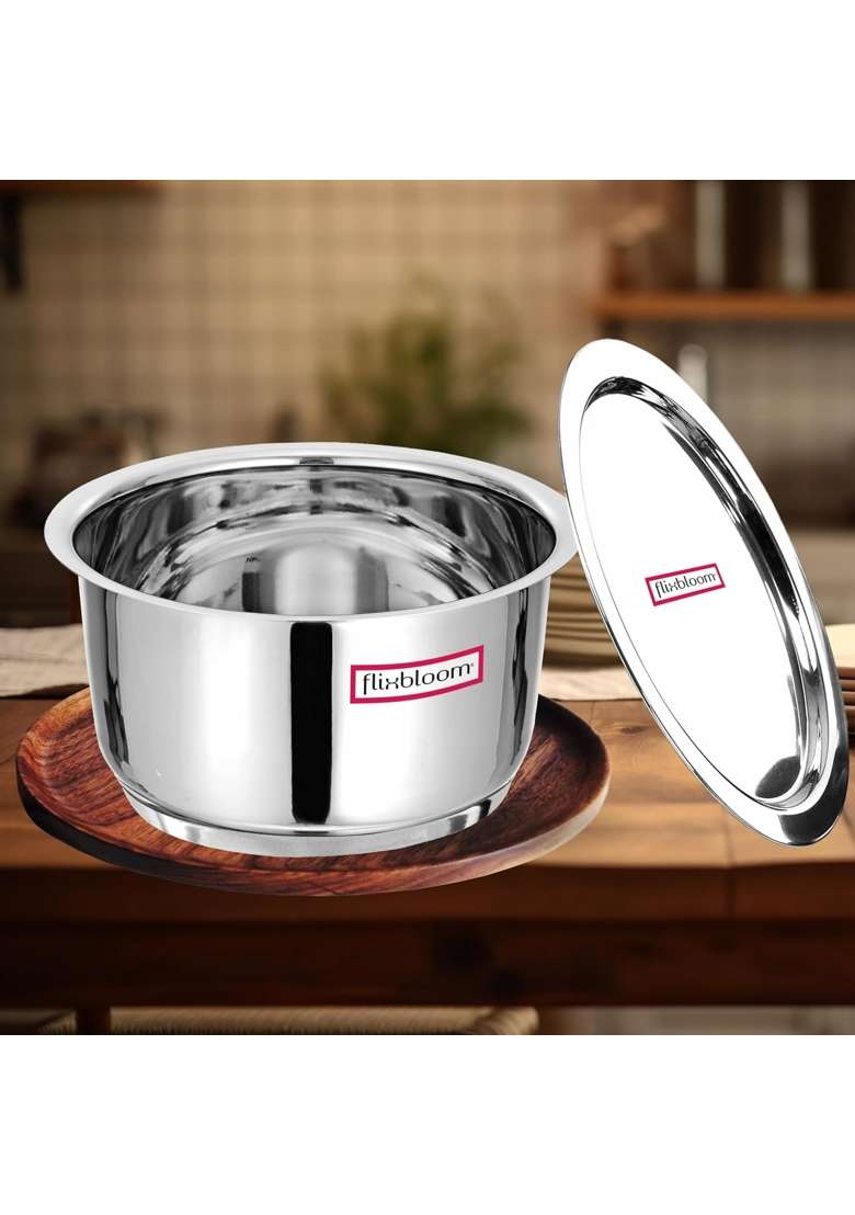 FLIXBLOOM Stainless Steel Plus Lid Kitchen Utensil Tope Cooking Pot Container Bhagona | 3 L | 3.2 Qt | Induction Compatible | Tri-Ply - Indya