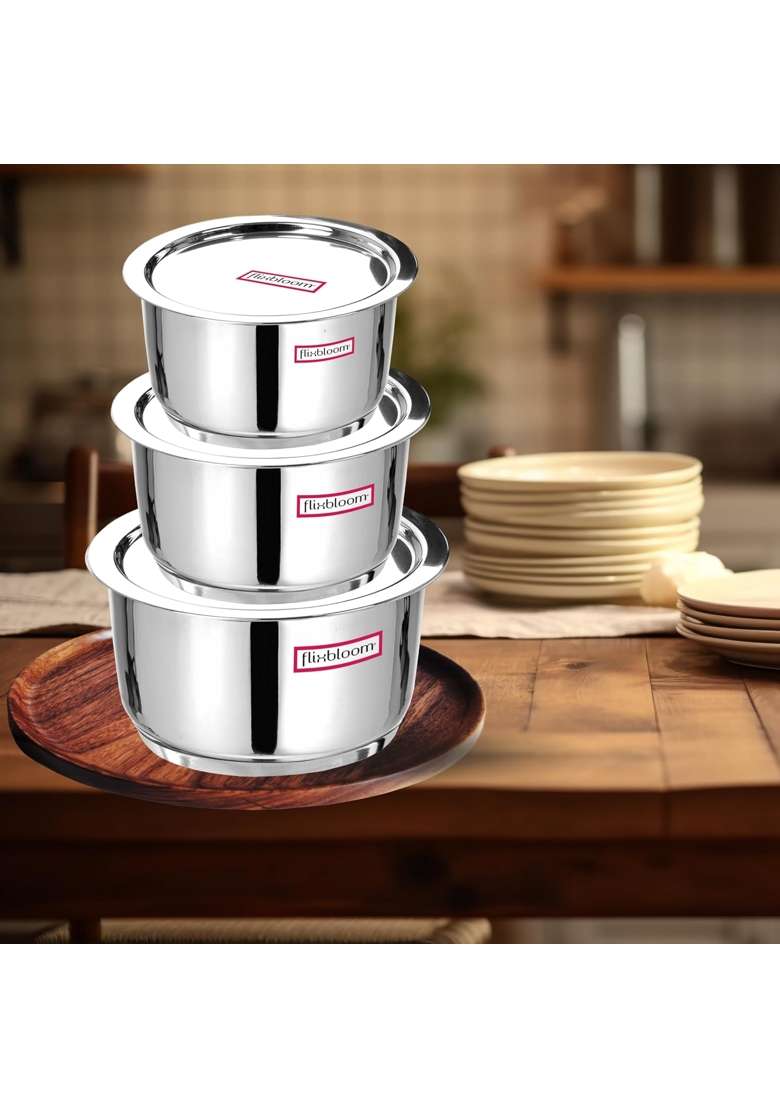 FLIXBLOOM Stainless Steel Combo | 2 L | 2.1 Qt | 6-Piece Set | Induction Compatible | Tri-Ply | With Lid - Indya