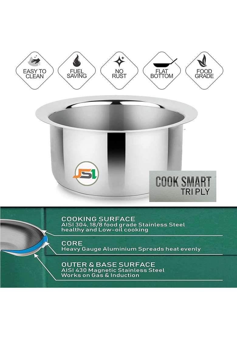 JSI Stainless Steel Tope Cooking Pot patila cookware for Kitchen I Combo Set I Triply Base I | 2000 ml | 67.6 fl oz | 3-Piece Set - Indya