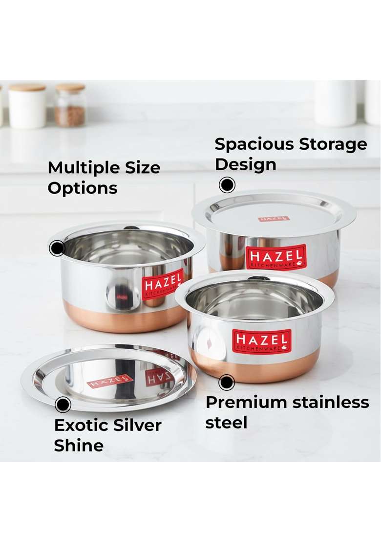 HAZEL Stainless Steel Patila Cooking Pot Set with Lid | 1 L | 1.1 Qt | 3-Piece Set - Indya