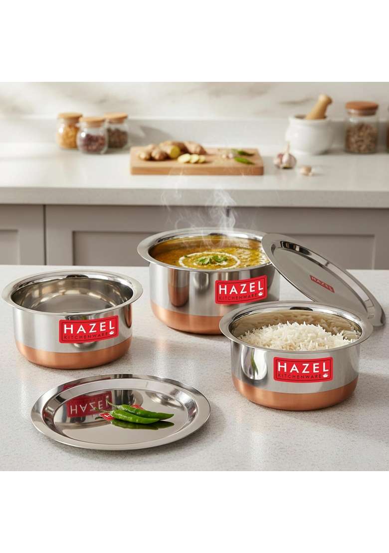 HAZEL Stainless Steel Patila Cooking Pot Set with Lid | 1 L | 1.1 Qt | 3-Piece Set - Indya
