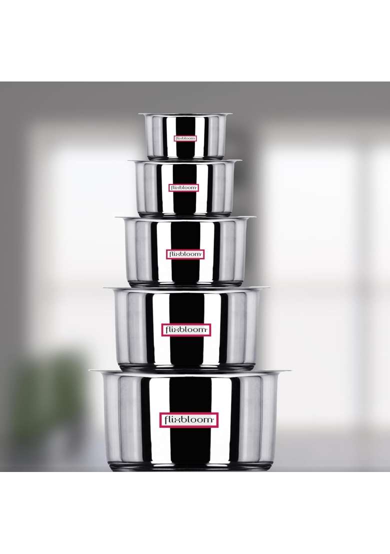 FLIXBLOOM Edge Stainless Steel Induction Base Kitchen Cookware Utensil TriPLY | 5 L | 5.3 Qt | 5-Piece Set - Indya