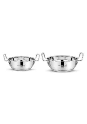 KITCHEN CLUE Stainless Steel Kadhai Wok Tasra Set | 2300 ml | 77.8 fl oz | 2-Piece Set | Induction Compatible | Heavy Bottom | Tri-Ply