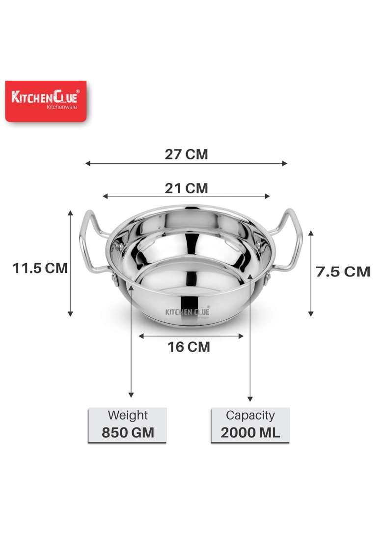 KITCHEN CLUE Stainless Steel Kadhai Wok Tasra Set | 2300 ml | 77.8 fl oz | 2-Piece Set | Induction Compatible | Heavy Bottom | Tri-Ply - Indya