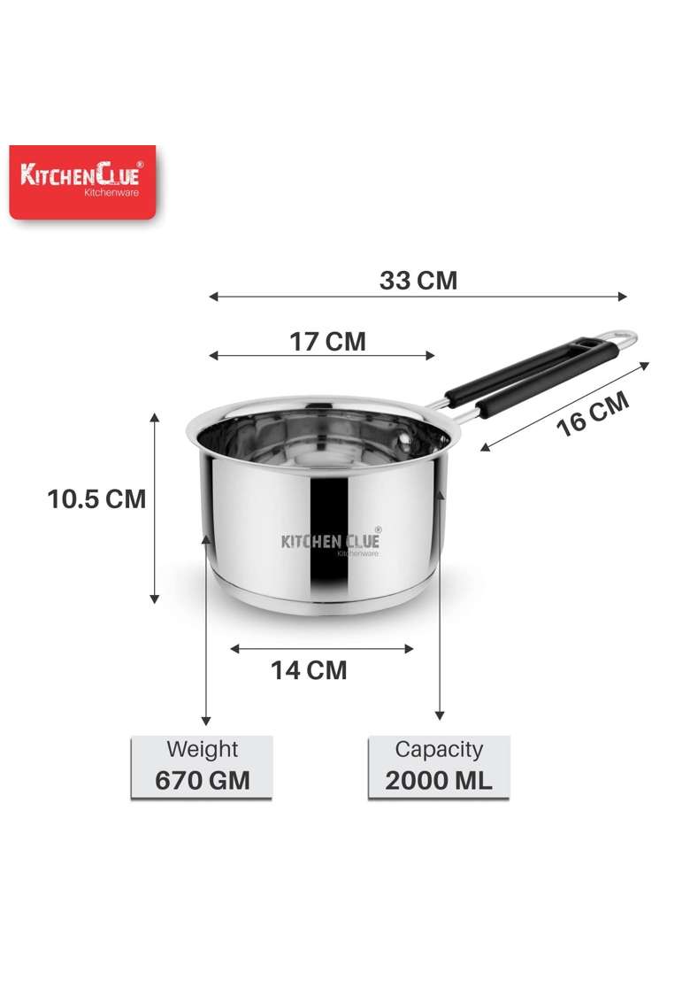 KITCHEN CLUE Stainless Steel Tea Pot Pan Saucepan Set | 2 L | 2.1 Qt | Induction Compatible | Heavy Bottom | Tri-Ply - Indya