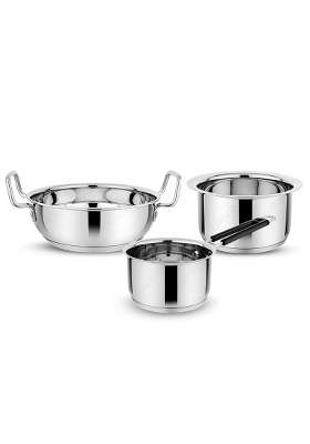 KITCHEN CLUE Stainless Steel Heavy Bottom Cookware Combo Set | 2000 ml | 67.6 fl oz | 3-Piece Set | Induction Compatible | Tri-Ply