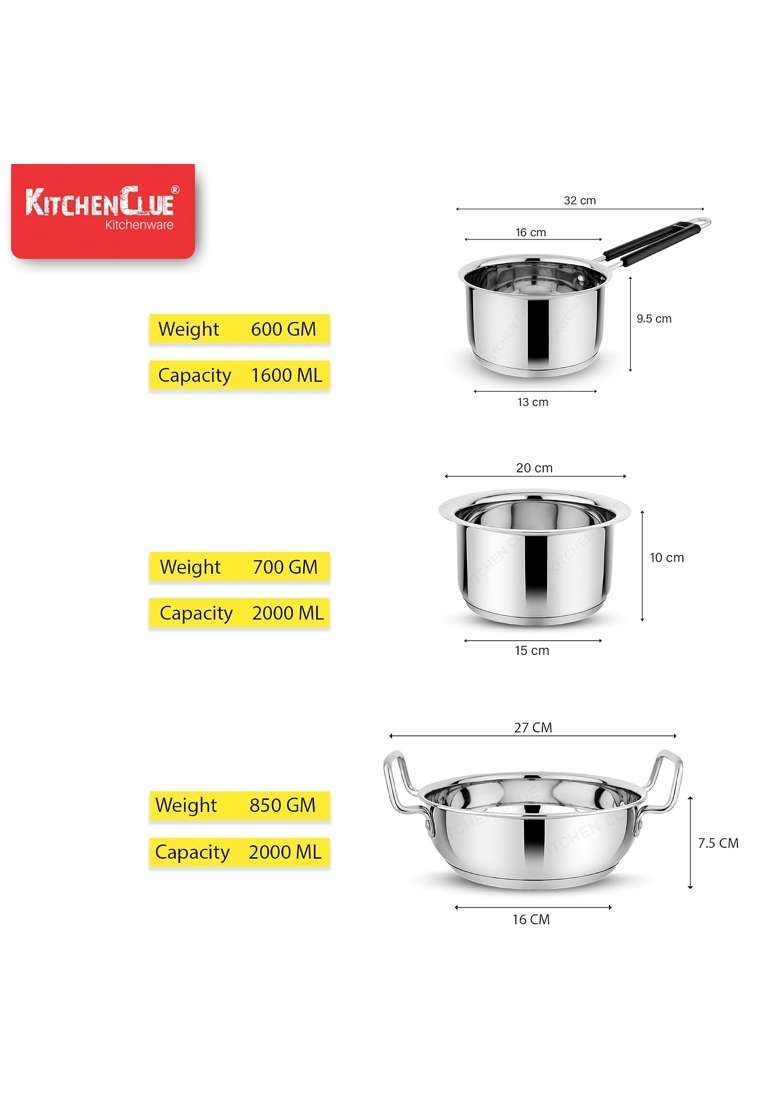 KITCHEN CLUE Stainless Steel Heavy Bottom Cookware Combo Set | 2000 ml | 67.6 fl oz | 3-Piece Set | Induction Compatible | Tri-Ply - Indya
