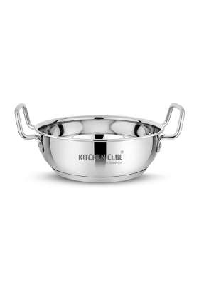 KITCHEN CLUE Stainless Steel Kadhai Wok Tasra Set | 2300 ml | 77.8 fl oz | Induction Compatible | Heavy Bottom | Tri-Ply