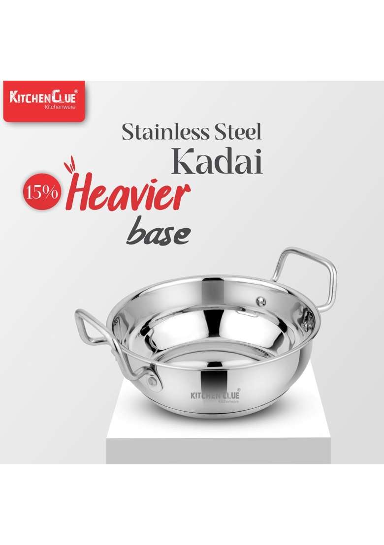 KITCHEN CLUE Stainless Steel Kadhai Wok Tasra Set | 2300 ml | 77.8 fl oz | Induction Compatible | Heavy Bottom | Tri-Ply - Indya