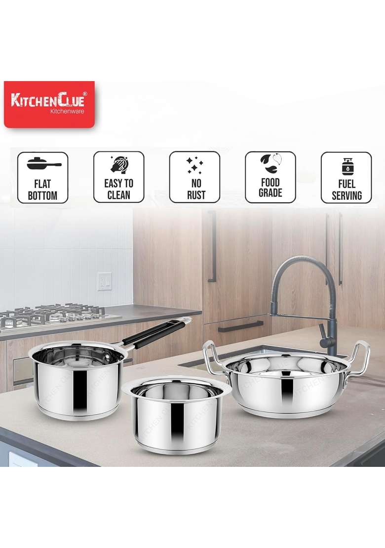 KITCHEN CLUE Stainless Steel Induction Friendly Cookware Set for Kitchen | 2000 ml | 67.6 fl oz | Heavy Bottom | Tri-Ply - Indya