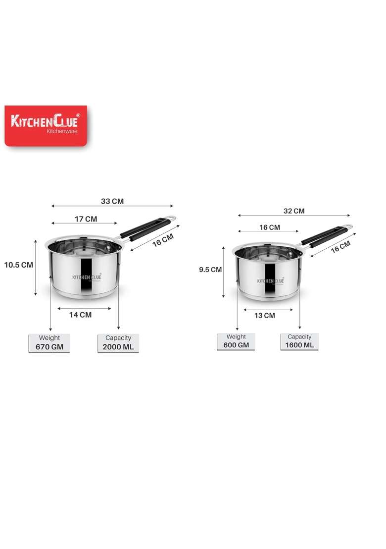 KITCHEN CLUE Stainless Steel Tri-Ply Base Saucepan Tea Pan | 2000 ml | 67.6 fl oz | 2-Piece Set | Induction Compatible - Indya