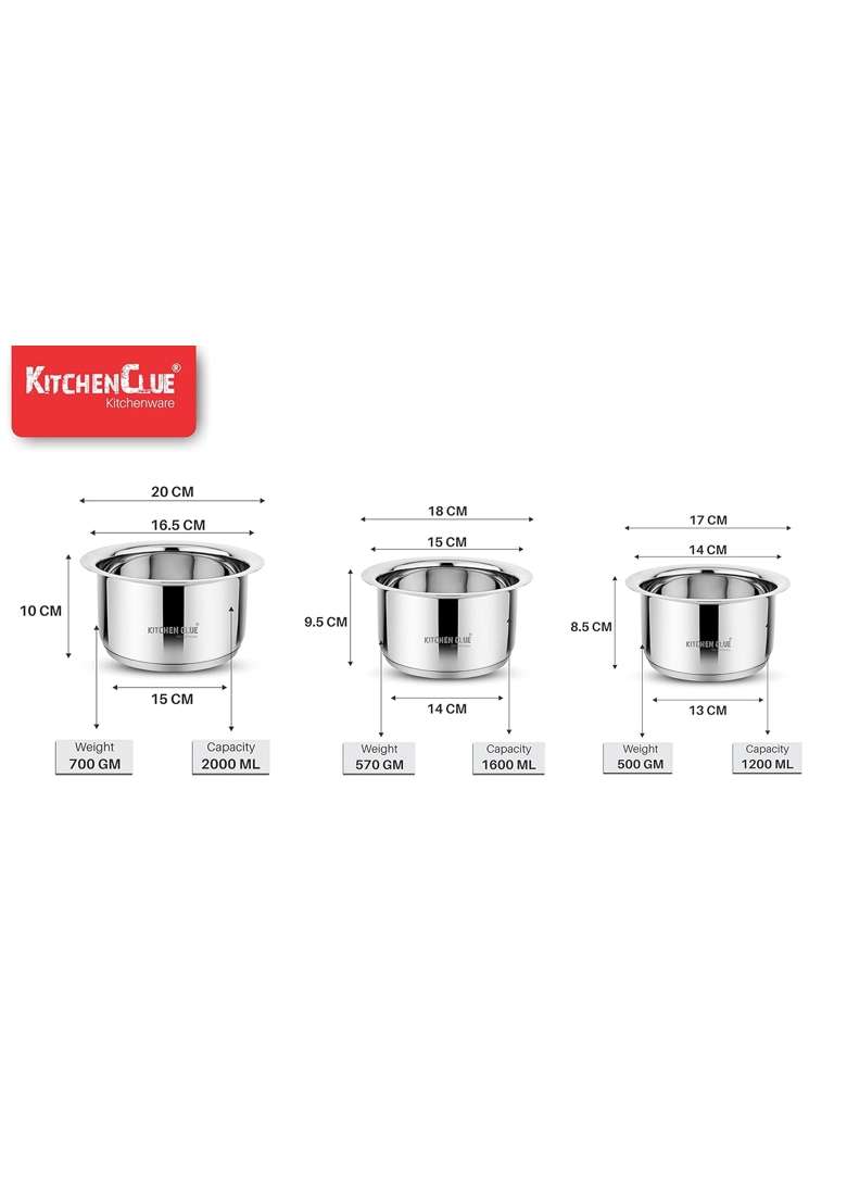 KITCHEN CLUE Stainless Steel Induction Base Cookware Set for Kitchen | 2000 ml | 67.6 fl oz | Tri-Ply - Indya
