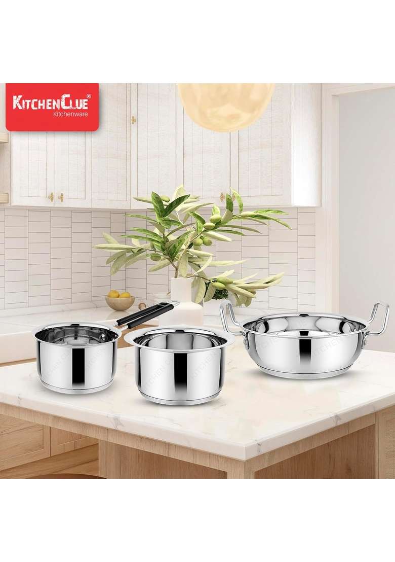 KITCHEN CLUE Premium Grade Quality Stainless Steel Triply Base Cookware Set for Kitchen | 2000 ml | 67.6 fl oz | Induction Compatible - Indya