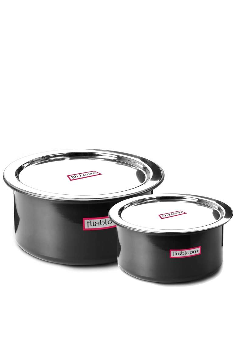 FLIXBLOOM Magistral Black Combo Pot Hard Anodized Induction Base LPG Friendly Kitchen | 1 L | 1.1 Qt | 2-Piece Set | With Lid - Indya
