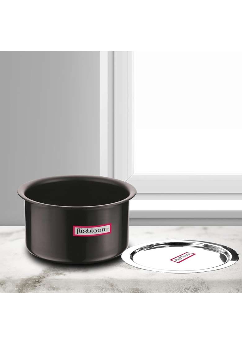 FLIXBLOOM Magistral Black Hard Anodized Induction Base LPG Friendly Kitchen Cookware Deep | 3 L | 3.2 Qt | With Lid - Indya