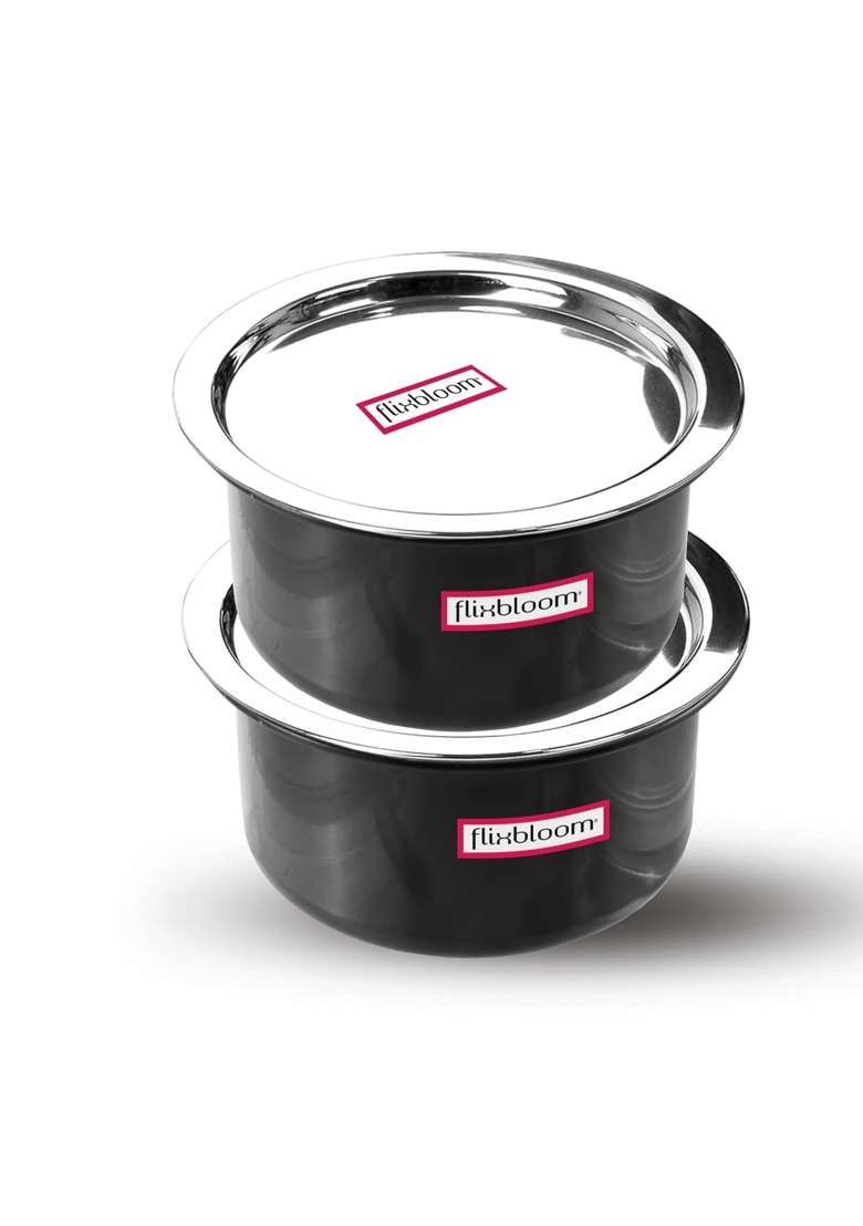 FLIXBLOOM Modern Kitchen Combo 2 Lids Hard Anodised LPG and Induction Base Black | 3 L | 3.2 Qt | 4-Piece Set | With Lid - Indya